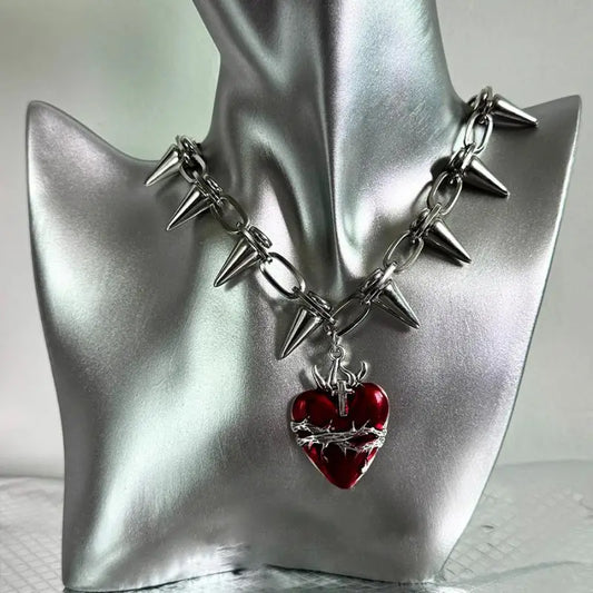 Punk Gothic Thorn Red Heart Pendant Necklace – Y2K Hip-Hop Choker for Men & Women