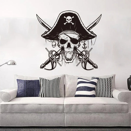 Cartoon Nautical Pirate Sabers Skull Wall Sticker – Kids Room Playroom Sword Weapon Captain Ocean Wall Decal Gameroom Vinyl Decor