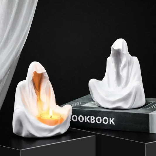 Ghost Figurine Candle Holder – Witch Resin Statue for Halloween & Home Decor