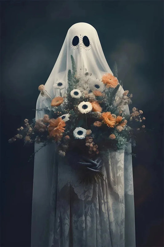 Halloween Ghost with Candles & Flowers in the Forest – Dark Academia Gothic Wall Art