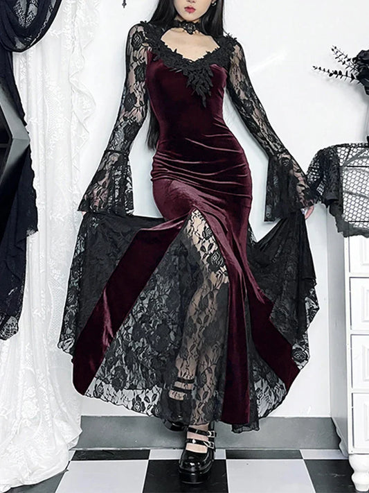 AltGoth Aesthetic Gothic Midi Dress – Vintage Lace Patchwork Clubwear for Women