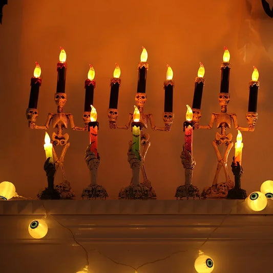 Skull Candlestick LED Halloween Candle Holders Flameless Candles Holder Stand Horror Props Halloween Decoration House Decor