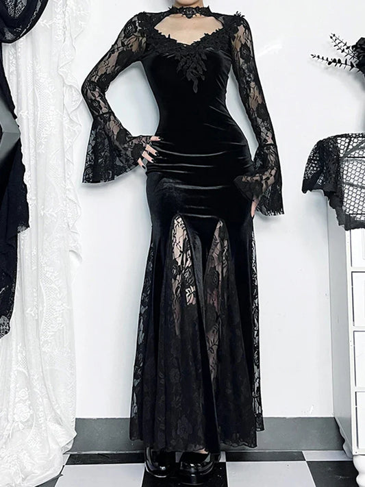 AltGoth Aesthetic Gothic Midi Dress – Vintage Lace Patchwork Clubwear for Women