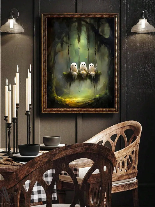 Retro Cute Ghost Companion & Reads Book Canvas Prints – Monster Holding Black Cat Wall Art Poster
