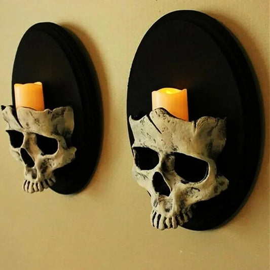 Skull Head Halloween Candle Holder – Wall-Mounted Skeleton Sconce for Haunted Home & Bar Decor