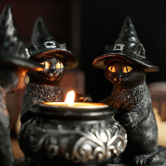 Witch Cat Candle Holder – Halloween Resin Decoration for Home & Holiday Display
