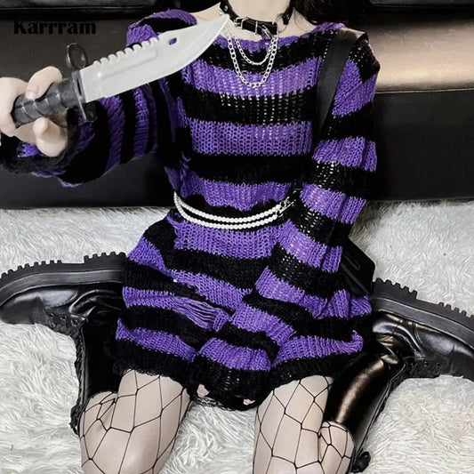 Karrram Goth Sweater – Purple Striped Punk Lolita Pullover Japanese Harajuku Hollow Out Knitted Jumper for E-Girls