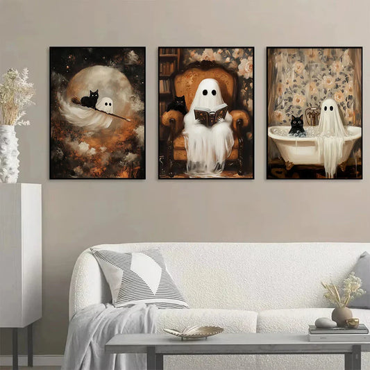 Cute Witch Ghost & Cat in Bathtub – Halloween Spooky Canvas Poster Wall Art