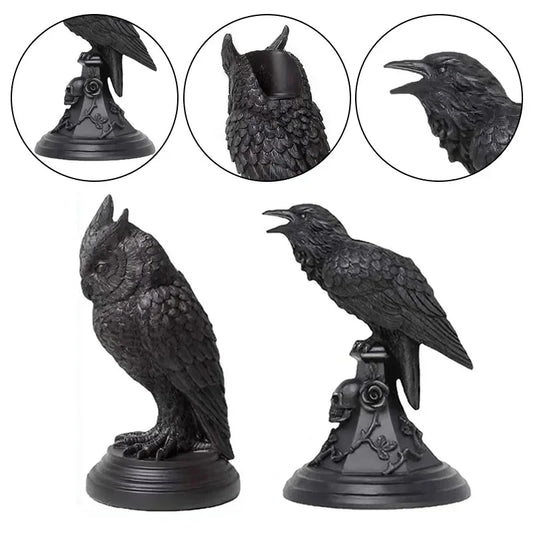 Gothic Crow & Owl Candle Holder – Retro Black Resin Candlestick for Halloween & Home Decor