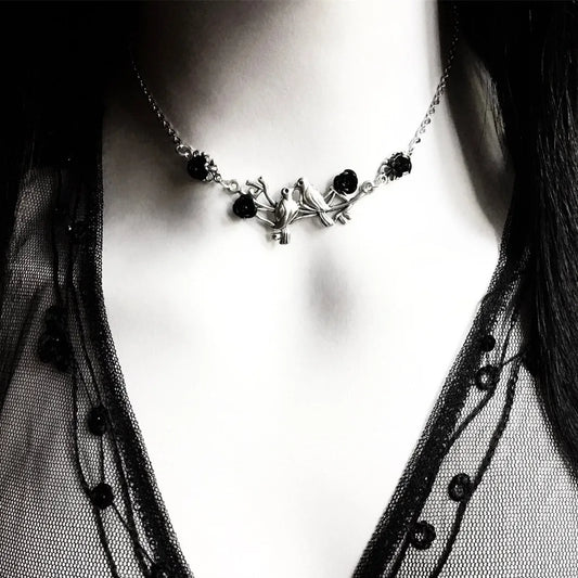 Gothic Rose Bird Charm Choker – Vintage Witch Jewelry for Women & Girls