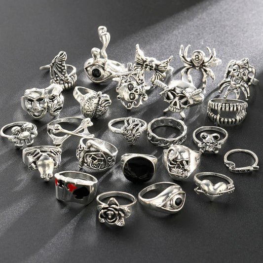 24 Pcs Gothic Skeleton Unisex Ring Set – Punk Grunge Butterfly & Frog Design for Men & Women