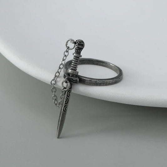 Gothic Dark Crossing Swords Ring – Creative Chain Tassel Skeleton Ring for Women, Vintage Antique Silver Style
