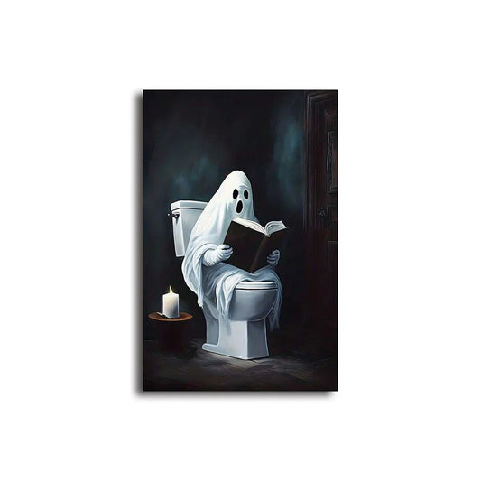 Retro Cute Ghost Companion & Reads Book Canvas Prints – Monster Holding Black Cat Wall Art Poster