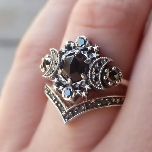2023 Gothic Universe Moon Ring Set – Vintage Pentagram Jewelry for Women