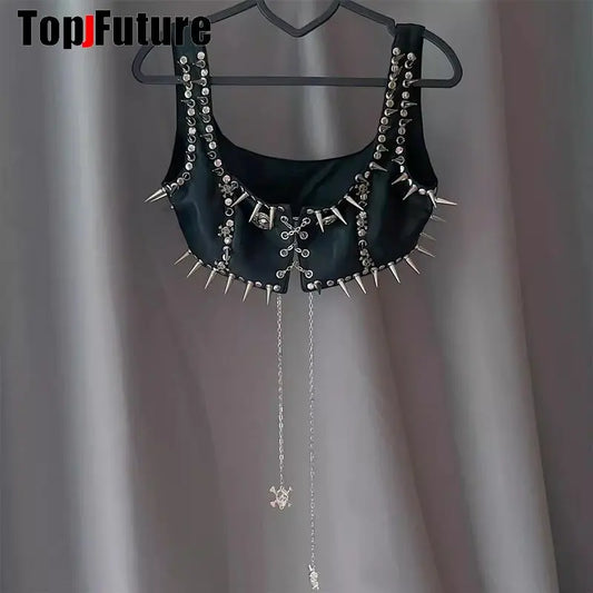 Women’s Gothic Lolita Punk Harajuku Streetwear Y2K Crop Top – Steampunk Belt, Spike Trim & Rivet Skeleton Metal Chain Tank Top