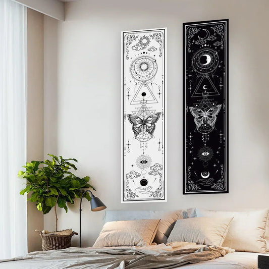 Gothic Witchy Sun &amp; Moon Vertical Tapestry – Black & White Butterfly Wall Hanging for Living Room & Bedroom