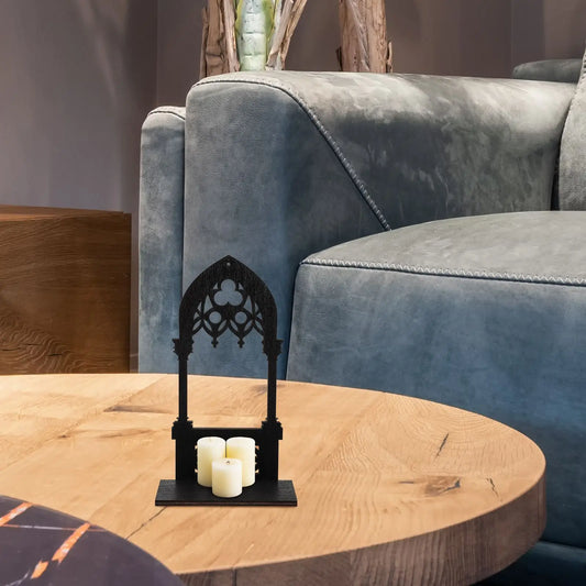 Gothic Arch Wooden Candle Holders (1 Pair) – Vintage Decorative Candelabrum for Home & Desktop Display