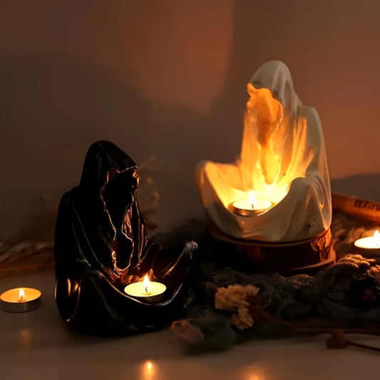 Mysterious Cloak Candelabra with Gothic Dark Knight Grim Reaper Statue – Halloween Desktop Candle Holder