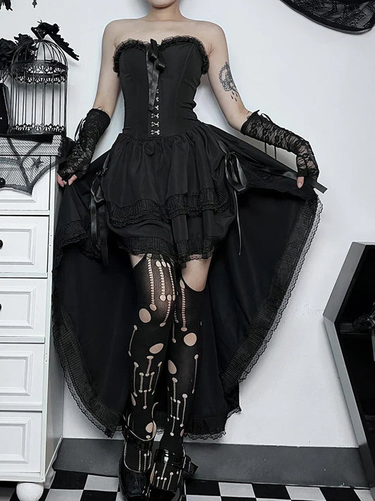 AltGoth Gothic Dark Halloween Black Dress – Women’s Palace Style Lace Patchwork Corset Dress
