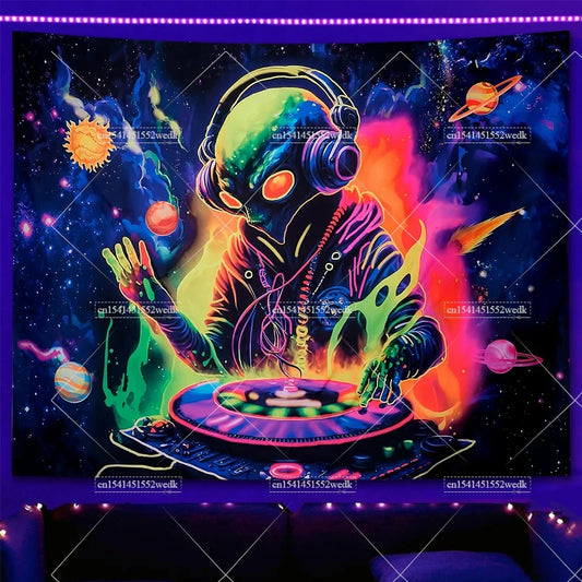 Skull Blacklight Tapestry – UV Reactive Trippy Hip Hop DJ Skeleton Neon Wall Hanging