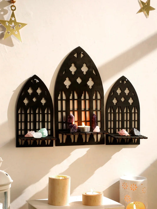 3 Pcs Gothic Wooden Hollow Wall Decor – Vintage Cathedral Arch Floating Shelves Set
