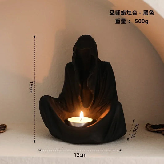 Ghost Figurine Candle Holder – Witch Resin Statue for Halloween & Home Decor