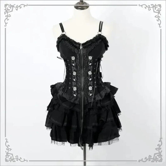 Gothic Lolita Y2K Dress – Vintage Victorian Harajuku Lace Bandage Rose Embroidery Sleeveless Dress for Women