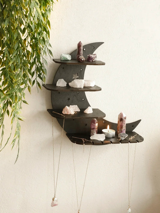 30/39cm Black Moon Wall Shelves – 4-Tier Gothic Floating Shelf for Crystals & Essentials