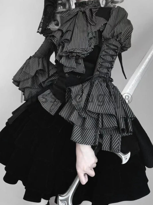 Japanese Gothic Vintage Lolita 3-Piece Set – Striped Blouse, Chic Vest & Fluffy Cake Skirt