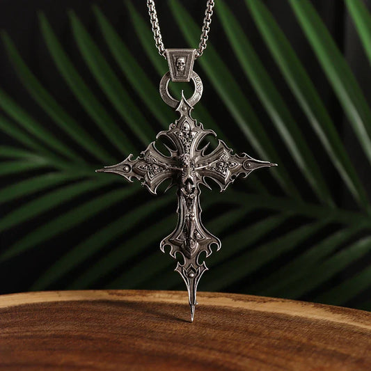 Vintage Gothic Skull Jesus Cross Pendant Necklace – Punk Catholic Amulet for Men