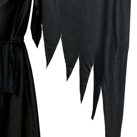 Halloween Grim Reaper Horror Costume – Black Hooded Spooky Ghost Robe with Mask & Scythe Prop