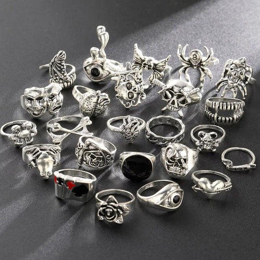 24Pcs/Set Punk Gothic Rings – Silver Skeleton, Spider, Poker, Joker, Eyes & Heart Designs for Men